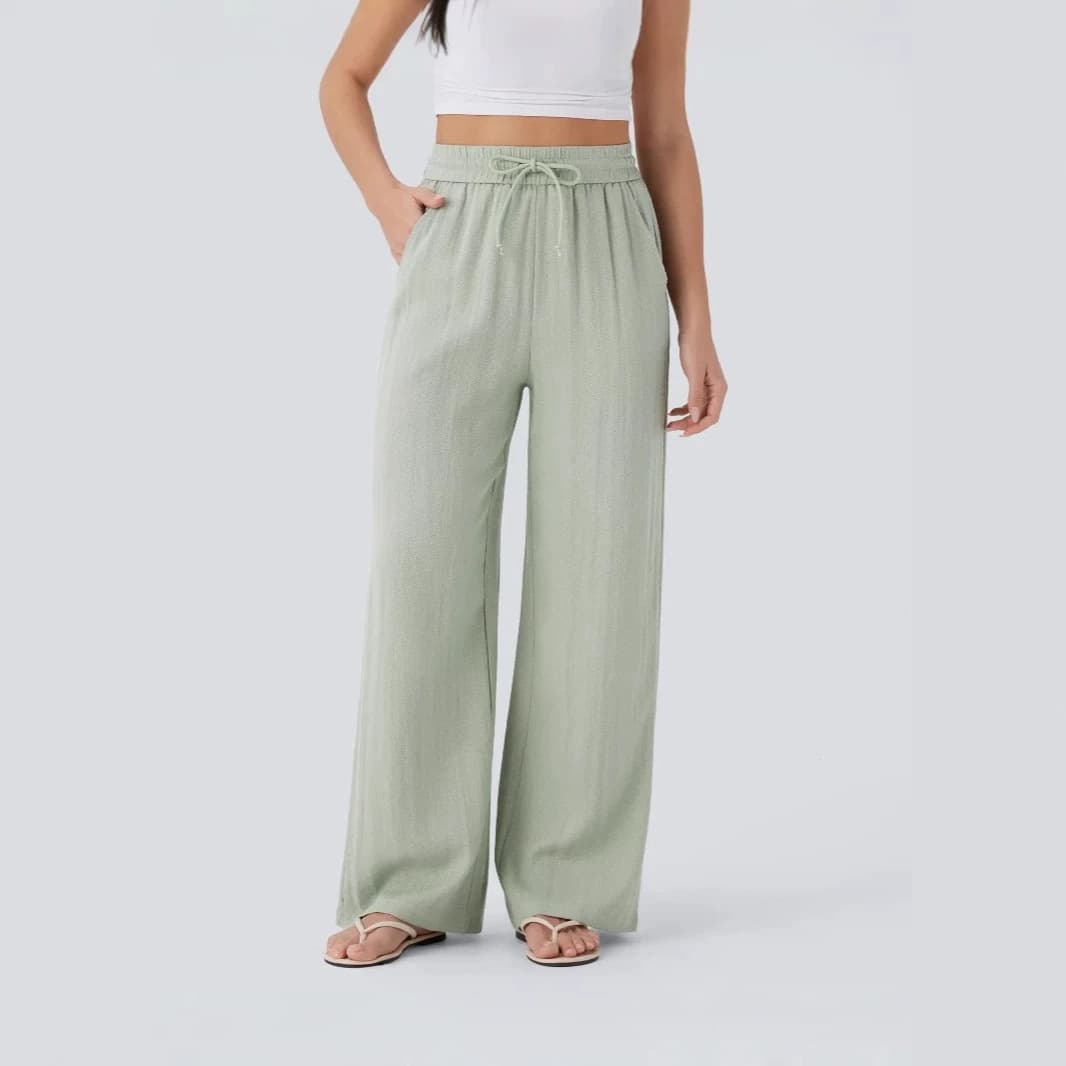 2026 Amazon High Waist Drawstring Side Pockets Wide Leg Casual Linen Pants Wide Leg Pants Flowing Wide Leg Beach Pants Elastic
