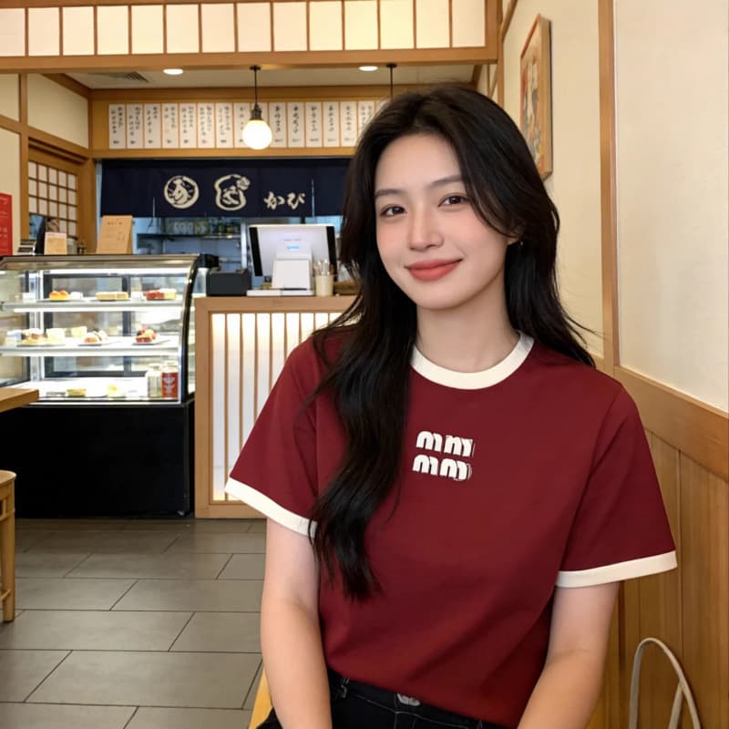 MIU Women's Short Sleeve Fitted Versatile Small Cut Round Neck Contrast Color T-Shirt Korean Street Style Loose Top