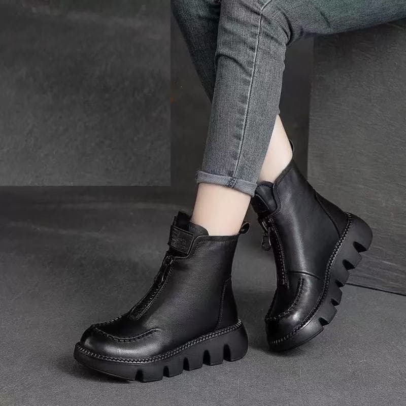 2026 Winter New Thick Sole Martin Boots Women Fleece Lined Cotton Boots Front Zipper Anti-Slip Vintage Short Boots Retro Women's Boots