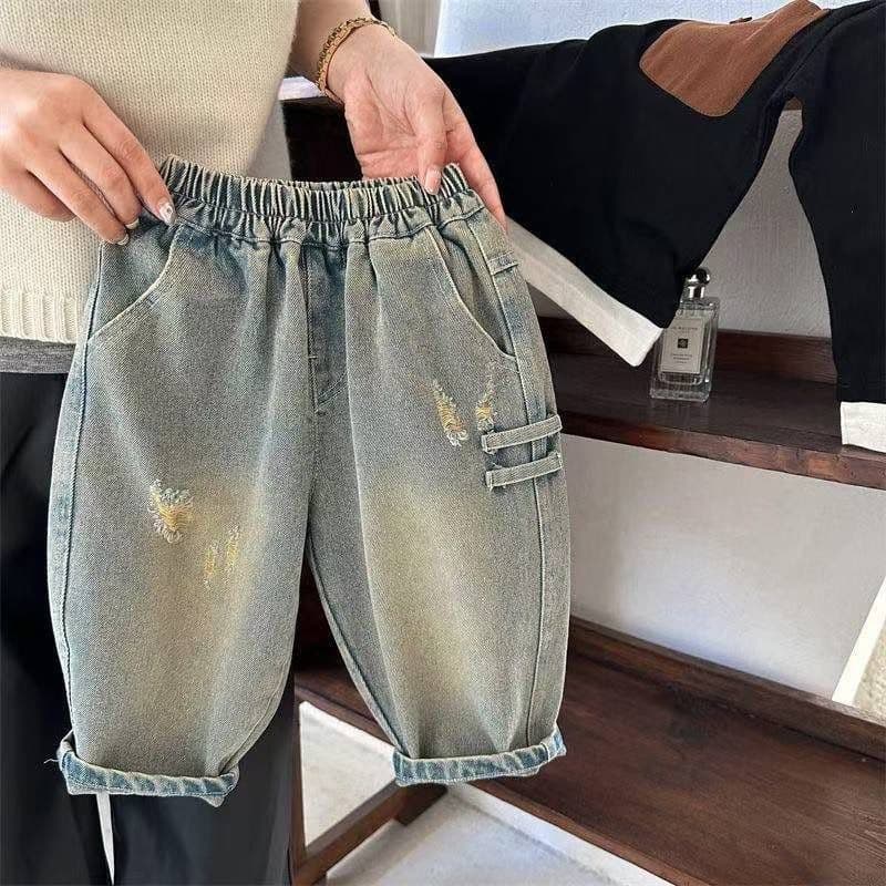 Children's wide-leg jeans 2025 spring new style for boys and girls distressed ripped jeans baby casual trousers trendy