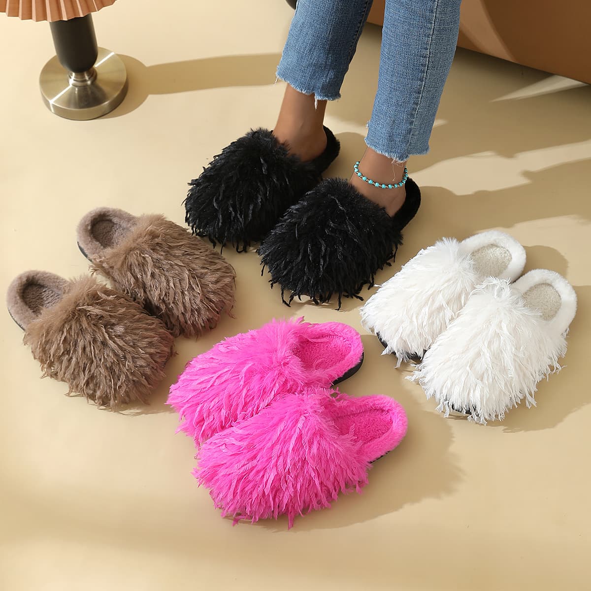 2024 New Style Cute Flat Sole Furry Cotton Slippers, Lambswool Home Non-Slip Outdoor Wear Cotton Shoes Winter Plush