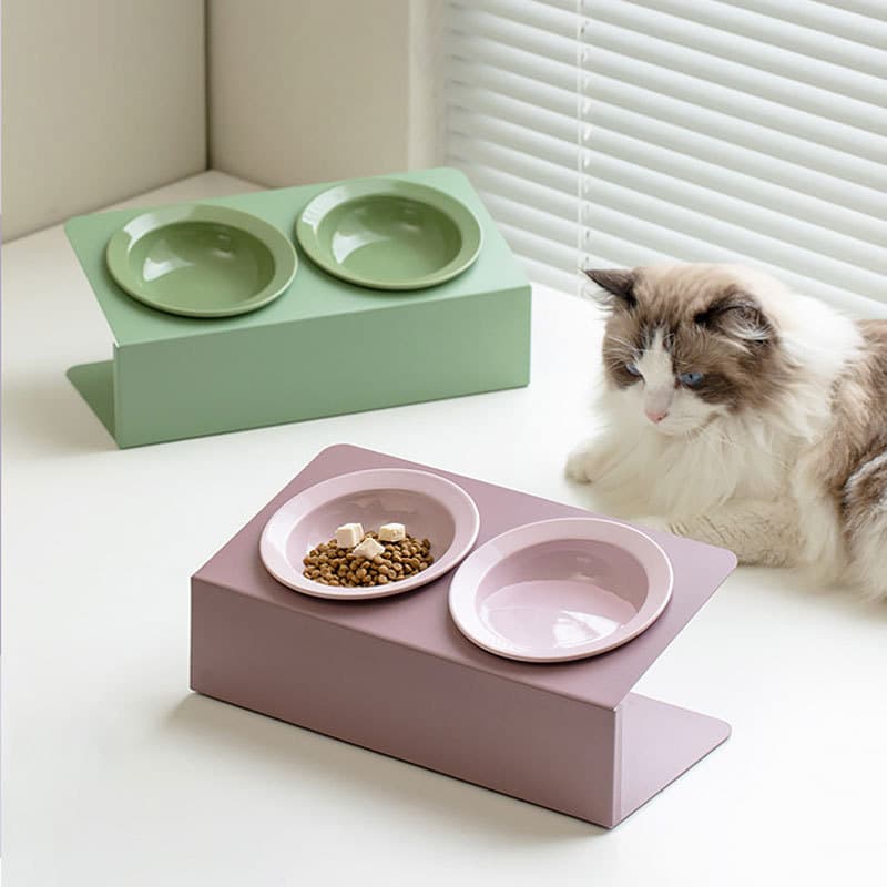 Ceramic Angled Double-Bowl Flying Saucer Straw Hat Pet Cat Bowl, High-Foot Neck Support Anti-Tip Drinking and Feeding Bowl for Cats and Dogs