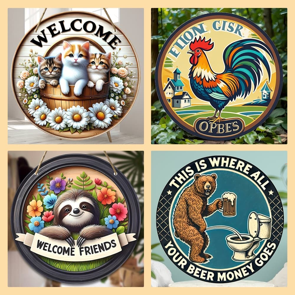 In-Stock Vintage Retro Round Wooden Sign Wall Decoration Animal Series Welcome Door Sign Wall Hanging