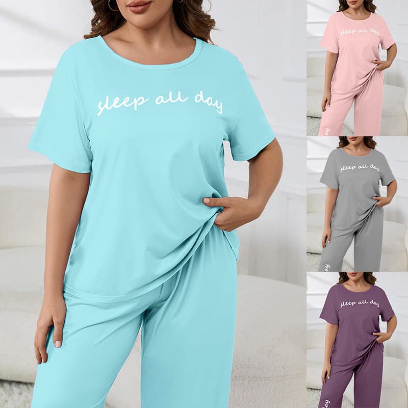 Pajama 2025 Spring/Summer Casual Plus Size Letter Print Drawstring Thin Short Sleeve Long Pants Home Suit