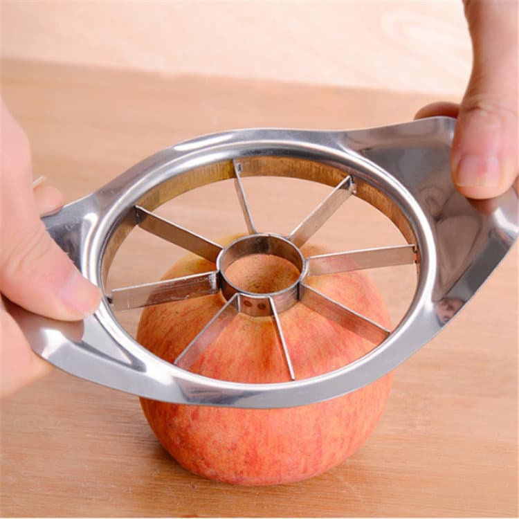 Stainless steel apple slicer, corer, and fruit cutter; kitchen and household utility; wholesale available.