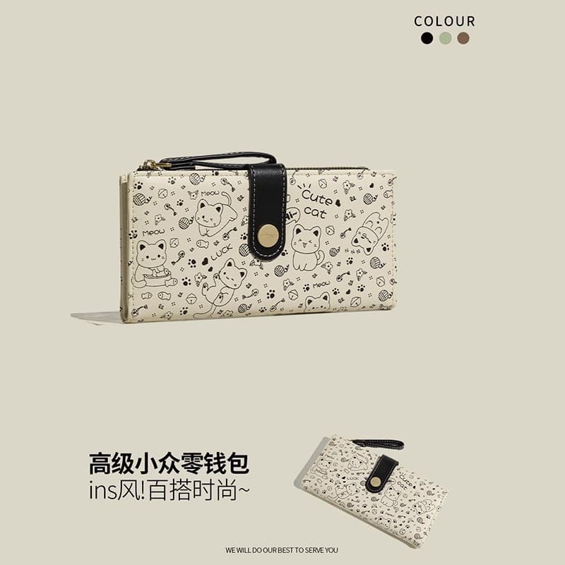 Japanese and Korean Trendy Bag Cute Cat Cartoon Foldable Long Card Holder Women's Multifunctional Fashion Buckle Coin Purse