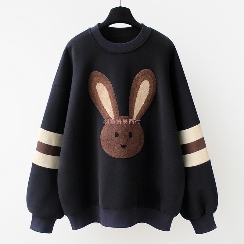 Plus Size MM Extra Large Up to 300 Jin Fleece-Lined Thickened Round Neck Sweatshirt Women Autumn/Winter Loose Meat-Concealing Casual Coat Top Trendy