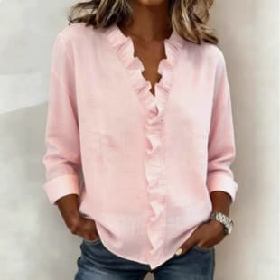 Ruffle V-Neck Blouse 3/4 Sleeve Casual Linen Women Shirt