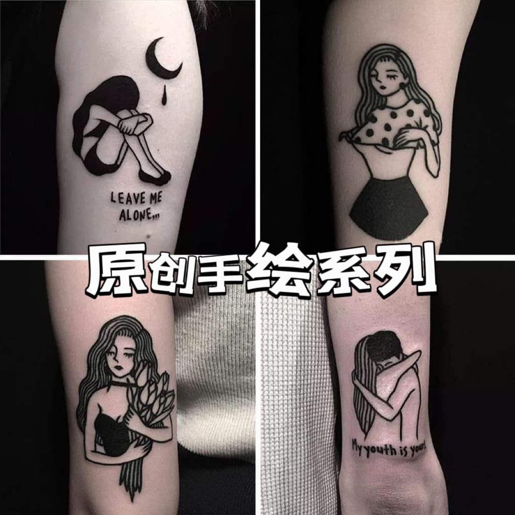 Bad girl dark tattoo stickers for men and women waterproof social black and white hand-painted personality lines fresh simulation tattoos
