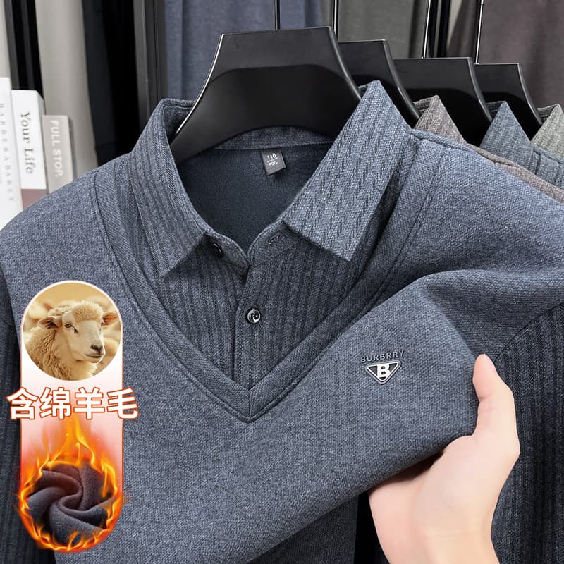 Knitwear Pullover Layered Look Winter Fleece-lined Men's T-shirt Turn-down Collar Thickened Dad Style Sweater Integrated Fleece Warm Clothing