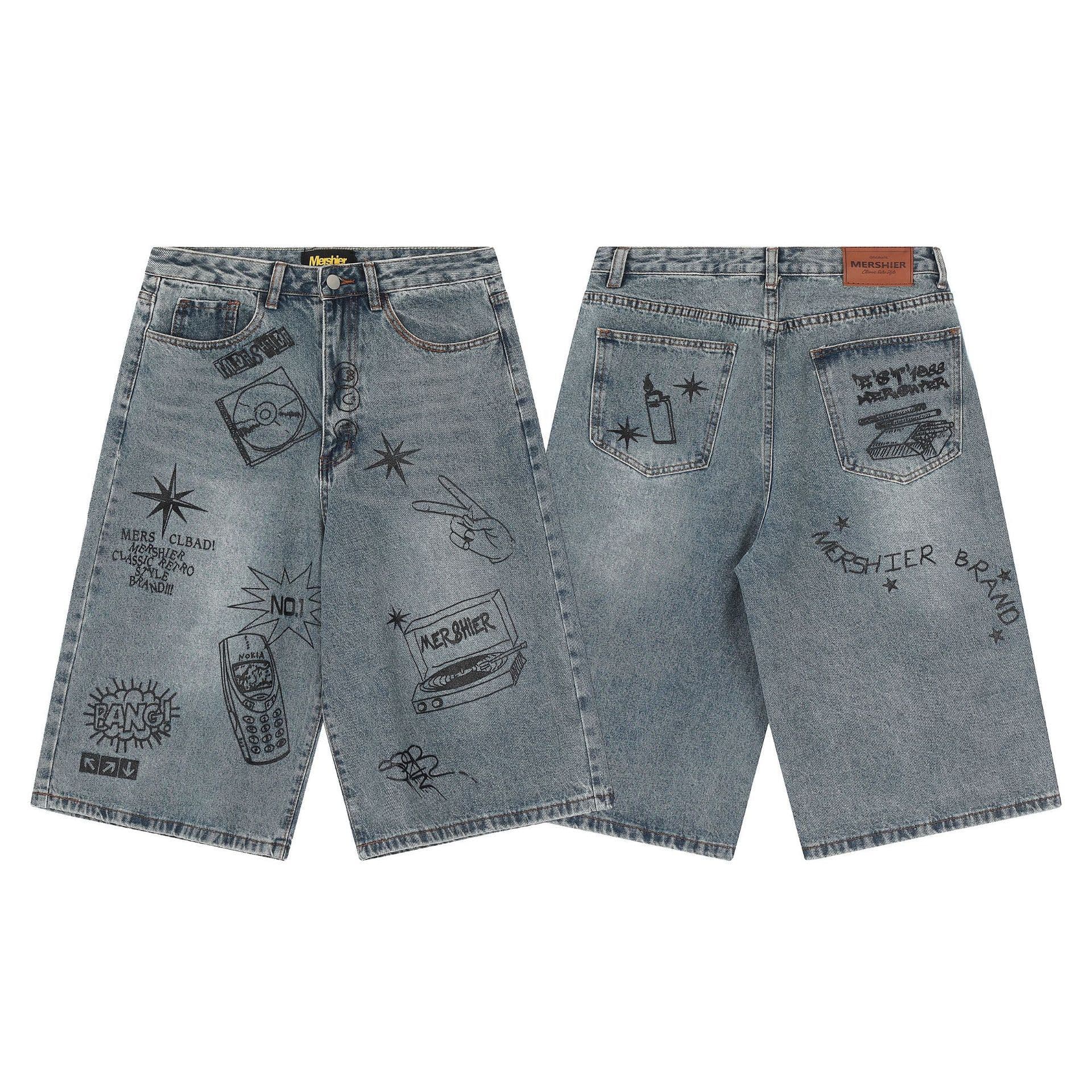 Summer American Retro Graffiti Capri Jeans for Men, Street Style High-Waist Wide-Leg Shorts, Couple Matching, Export Cross-Border