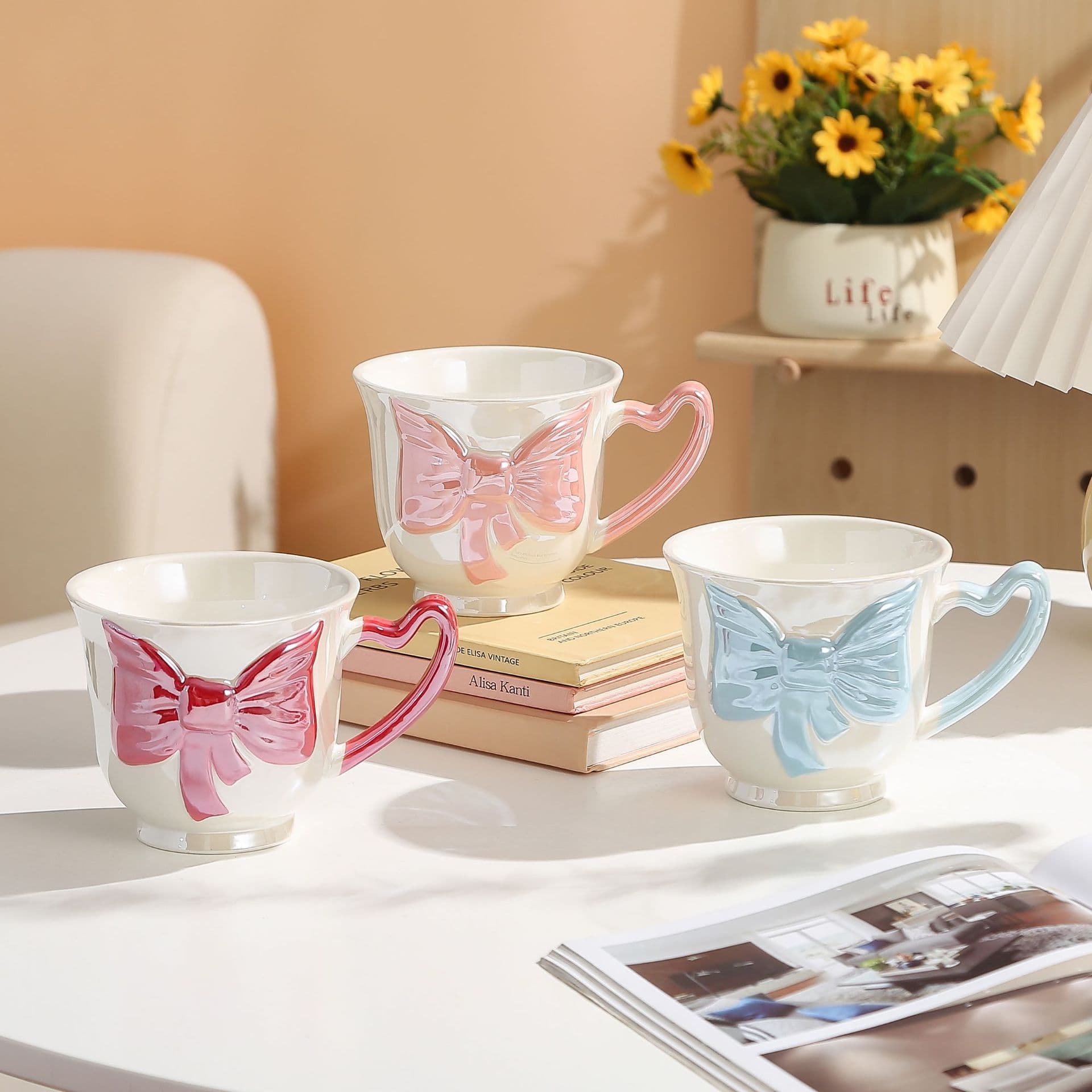 Valentine's Day Cup Starry Pink Cat Heart Bow Stainless Steel Straw Insulated Ceramic Mug