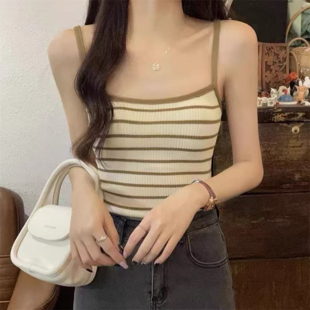 2026 Summer Women's New Striped Knit Camisole Tank Top, Inner Layer or Outerwear, Versatile, Slimming, Sleeveless, Cropped Top