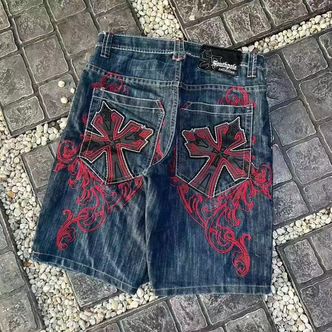 Cross-border European and American hip-hop gothic style cross-embroidered denim shorts, high street niche trendy brand wide-leg five-point pants
