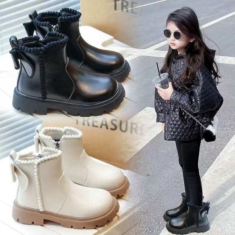 Girls Short Boots 2025 Autumn Winter New Children Soft Sole Princess Martin Boots Middle and Older Kids British Style Fleece Lined Leather Boots