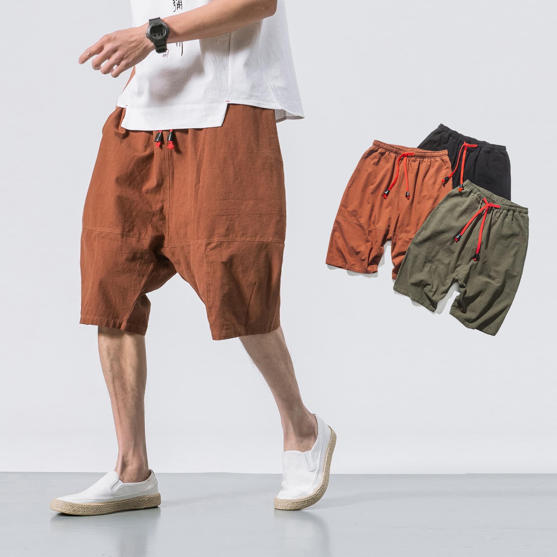 New Summer Cotton Linen Five-Point Pants Loose Trendy Drop Crotch Pants Men Elastic Waist Chinese Style Beach Pants Men