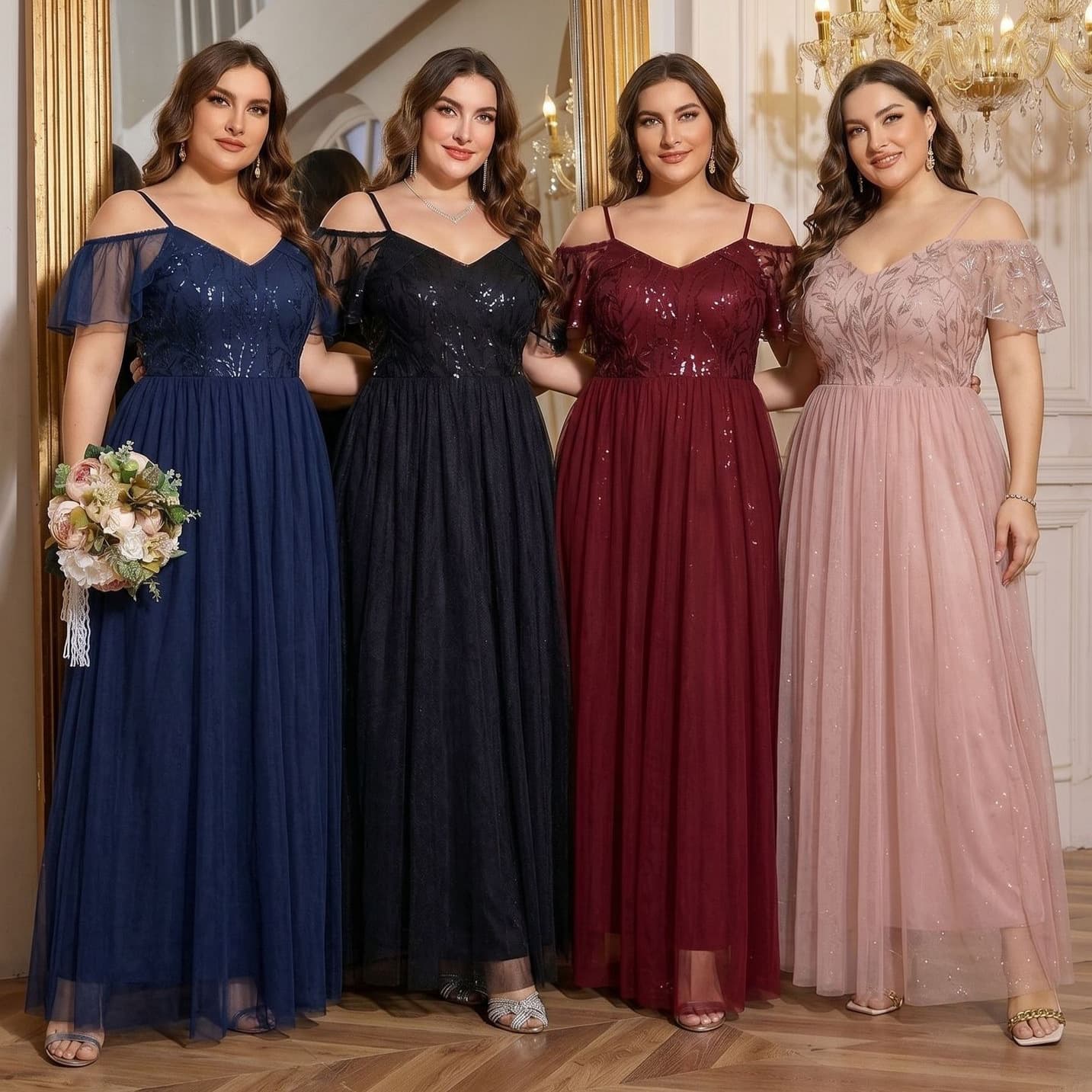 Cross-border Plus Size Women's European and American Halter Top with Batwing Sleeves, Sequins, Elegant and Graceful, Plus Size Bridesmaid Dress, Slim Fit Dress