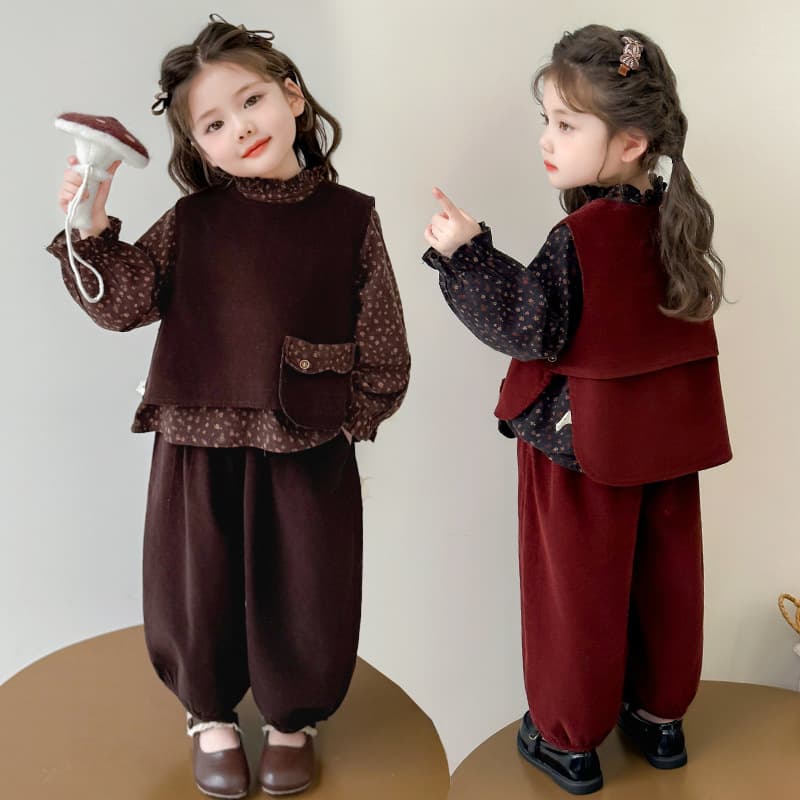 Girls' Floral Corduroy 3-Piece Set Spring/Autumn Korean Style Fashionable Outfit for Toddlers and Kids