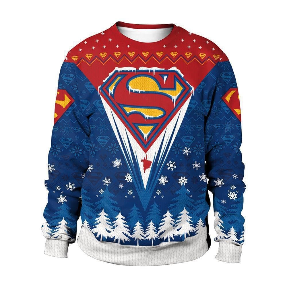 Marvel Superman Christmas Snowflake Pine Tree 3D Full Print Round Neck Sweatshirt for Men and Women Red and Blue Festive Ugly Sweater