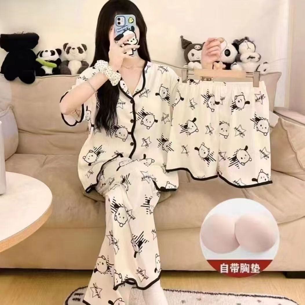 2025 Three-Piece Set with Chest Pad Pajamas for Women, Summer Thin Short-Sleeve Women's Homewear Sleepwear, Breathable