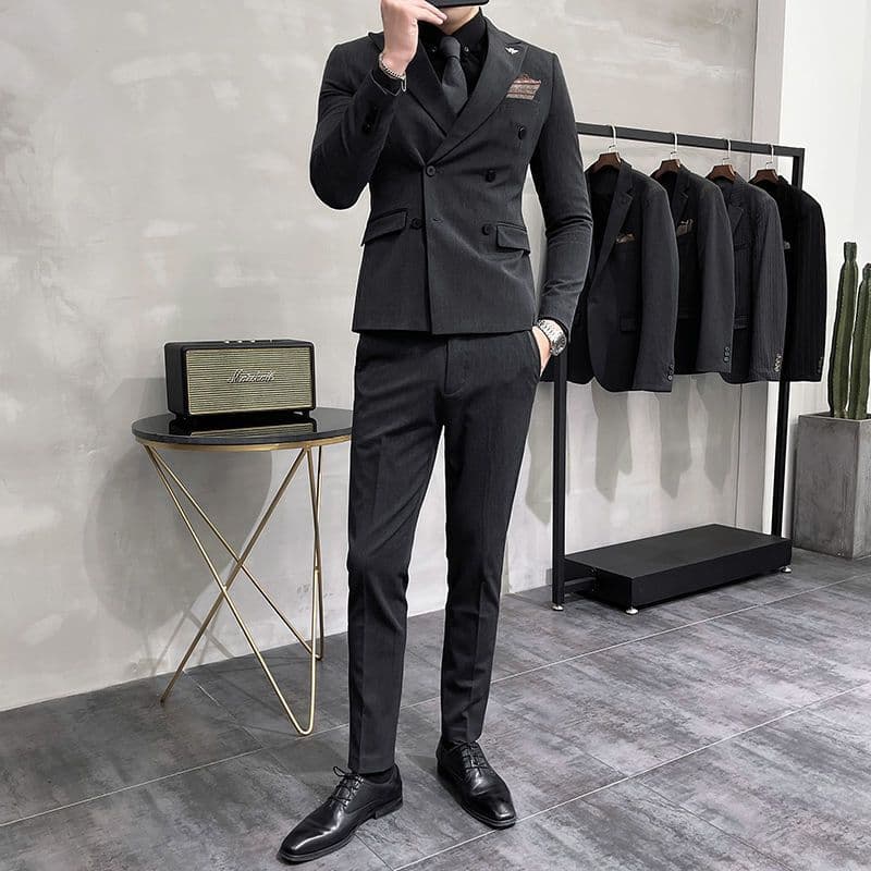 New men's plus size suit set, Korean style, slim fit, fashionable groom's suit, business casual double-breasted blazer