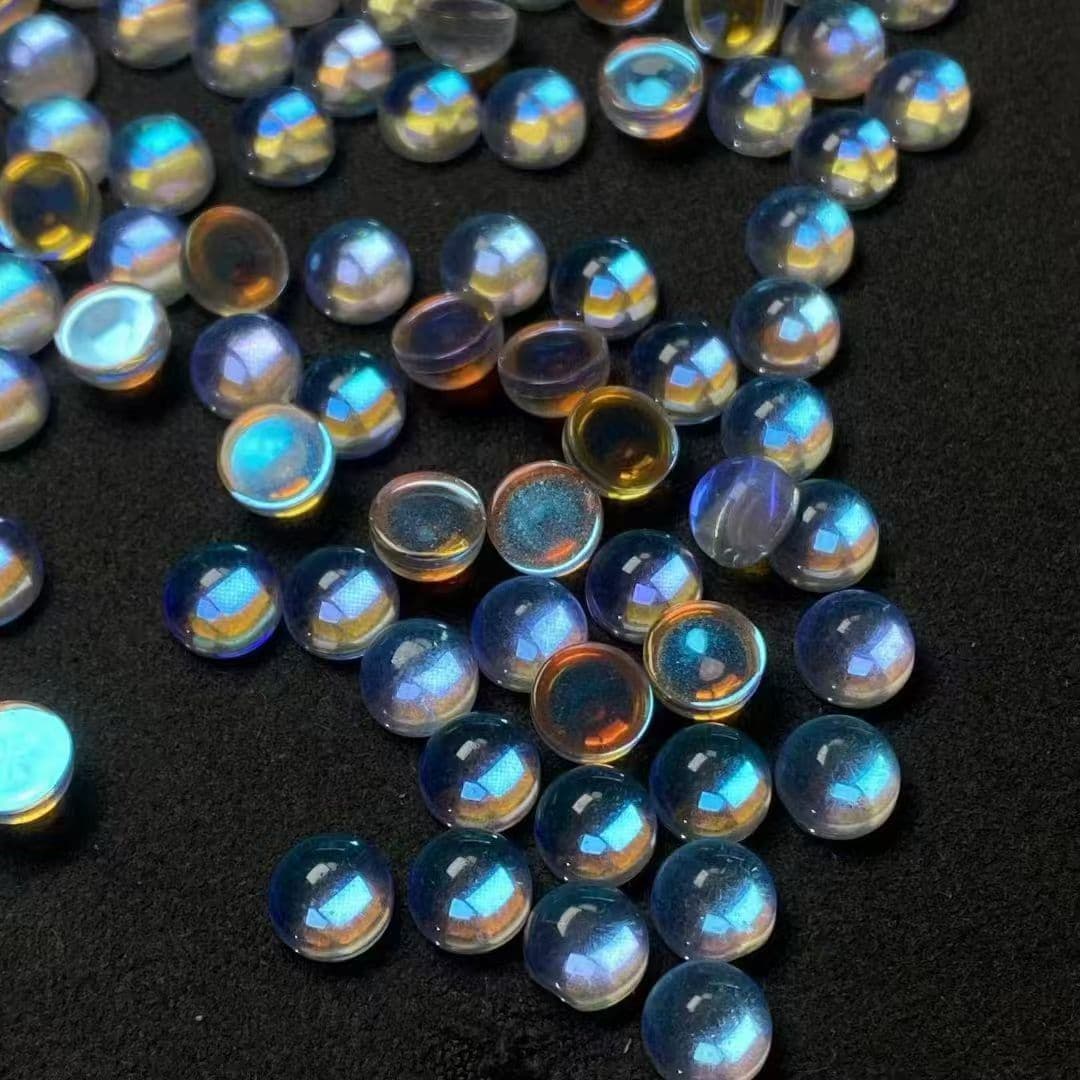 Moonstone, flat-bottom plain AB iridescent round, moon glass stone beads, ring settings, jewelry inlay stones.