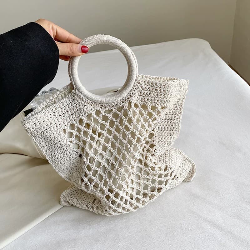 Large Capacity Hollow Out Cotton Thread Woven Women's Tote Bag Vacation Casual Sweet Style Handbag Lightweight Portable