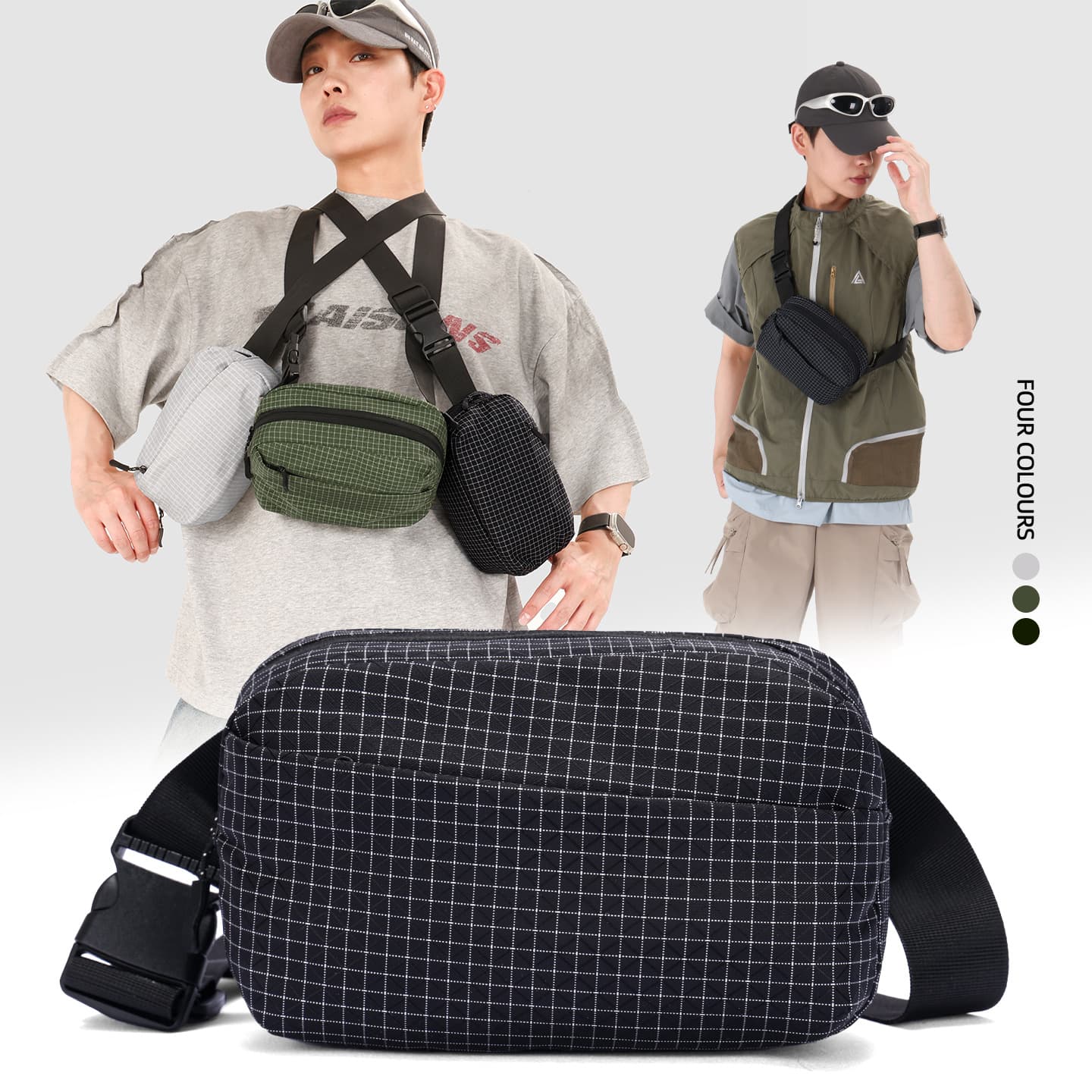 Plaid nylon crossbody lightweight waterproof commuter waist bag for men and women, outdoor casual multi-functional shoulder chest bag wholesale