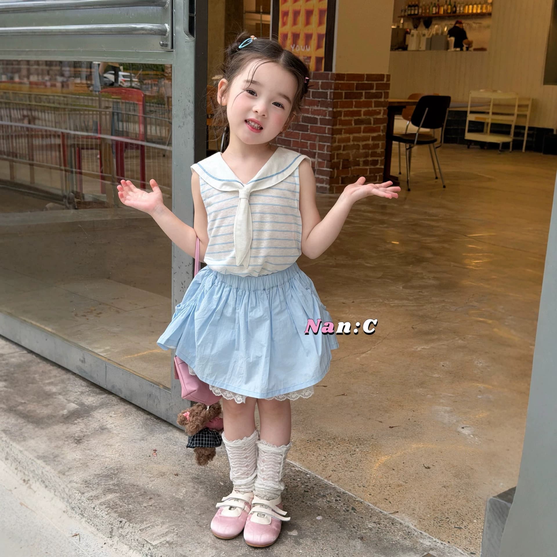 Girls Casual Suit Cute Style Girls Summer Striped Top Puff Skirt Two-piece Ballet Style Suit