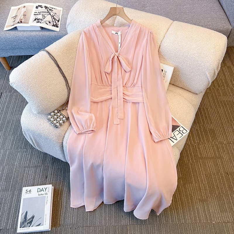 Plus Size Women's Spring/Summer New Style Long-Sleeve Dress, Elegant and Slimming, Pink, 130-300 lbs