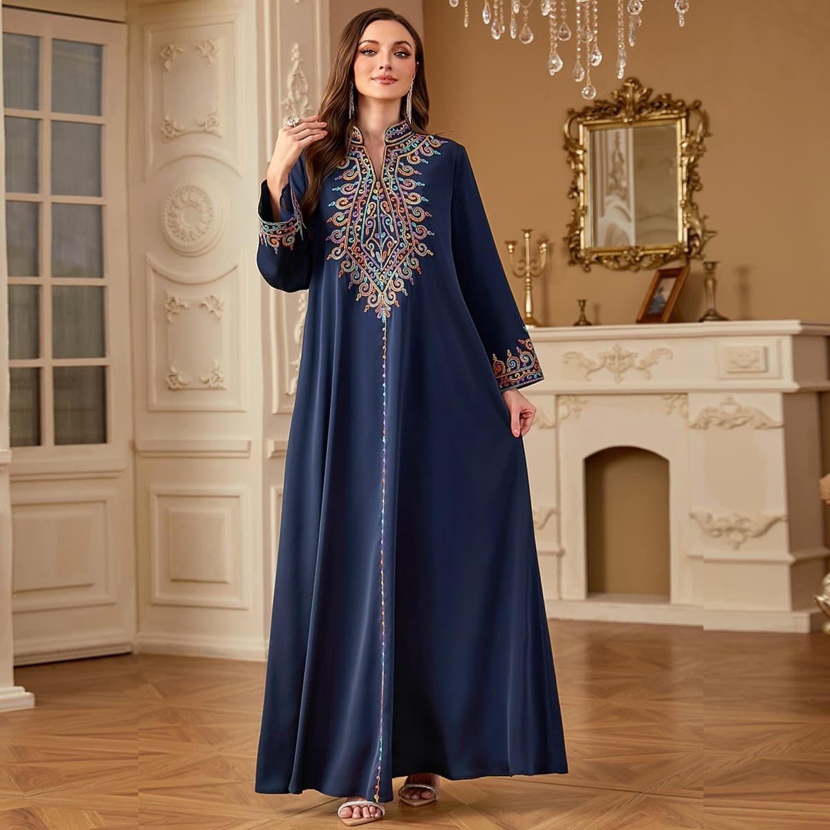 Casual Long Robe Embroidered V-Neck Dress Jalabiya Robe Southeast Asia