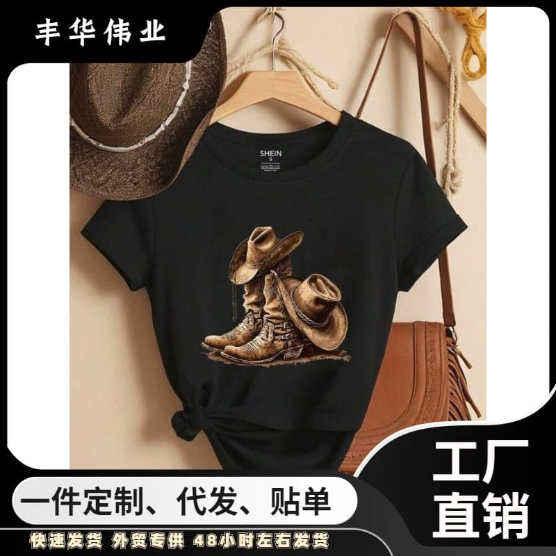 EMERY ROSE Women's Short Sleeve T-Shirt with Cowboy Boots and Hat Print