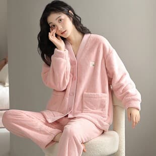 Women's Coral Fleece Sleepwear Winter Fleece Thickened Flannel Autumn Winter Cardigan Home Simple