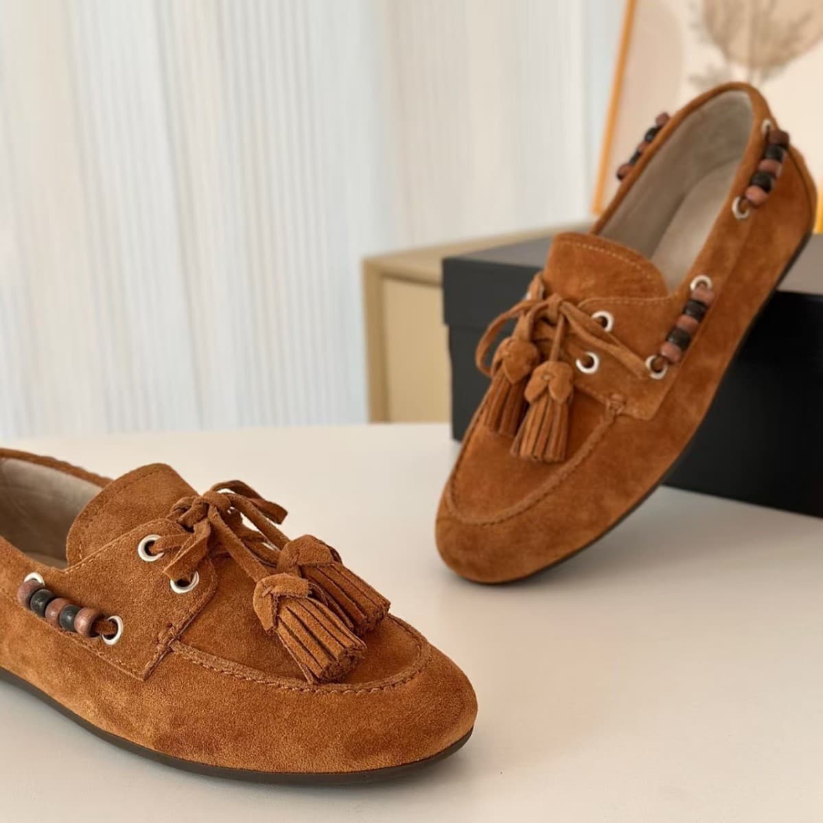 Miaojia Unbranded New Loafers with Round Toe, Flat Sole, Tassels, Lace-Up, Beaded, Soft Sole, Suede Women's Shoes