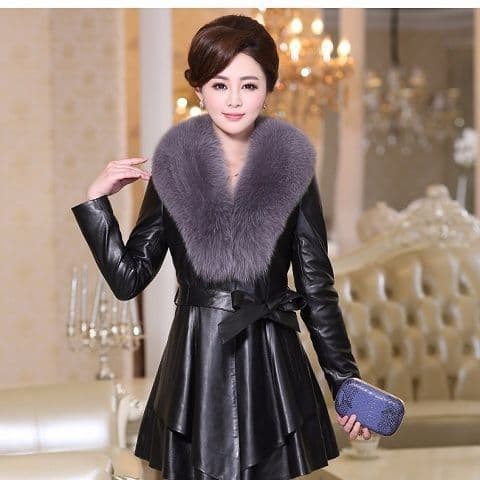 2025 Haining Women's Winter Leather Coat Faux Fur Faux Fox Fur Collar Mid-Length Coat Slim Fit Cotton Fashionable PU Leather Coat