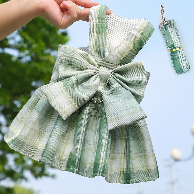 Pet JK Plaid Dog Skirt Harness Leash for Walking Dog Cat Vest Clothes Teddy French Bulldog Cat Supplies