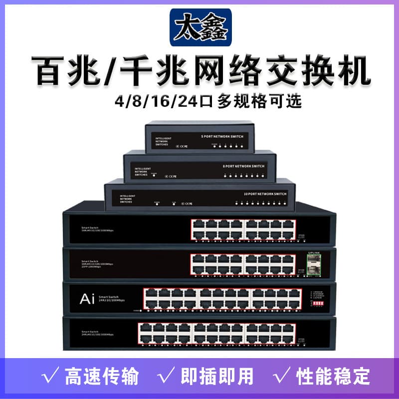 Gigabit/100Mbps network switch with 4, 8, 16, or 24 ports for security monitoring, dormitory, and office routing.