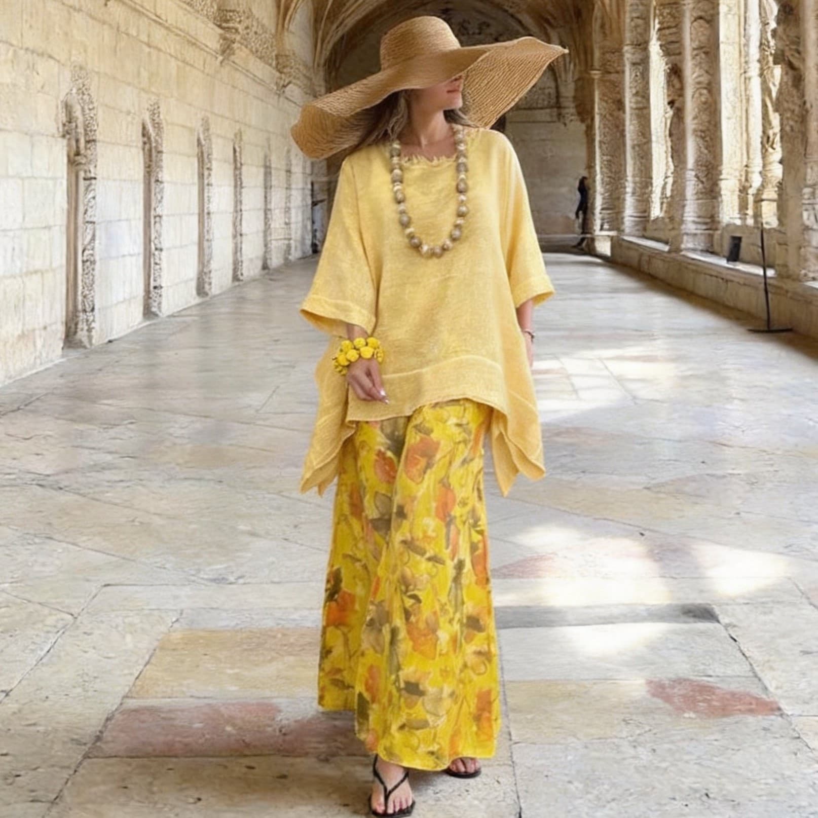 2026 European and American independent station foreign trade cross-border women's casual cotton and linen irregular top printed wide-leg pants suit