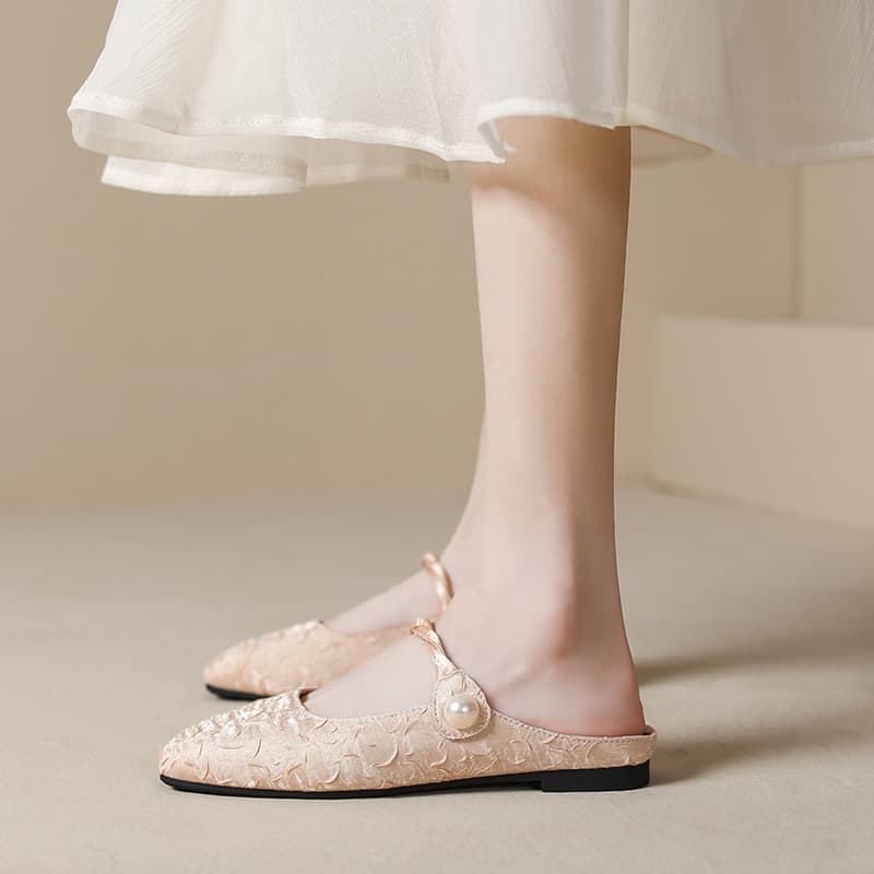 Flat French Closed-Toe Half Slippers for Women 2024 Summer Mary Jane New Chinese Style Shoes, Breathable and Anti-Slip