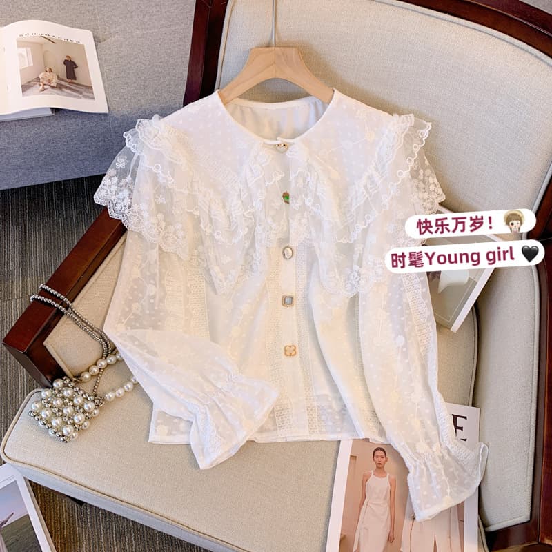 Heavy Lace Trim Peter Pan Collar Blouse for Women, Autumn/Winter Niche Loose Sweet Embroidered Chiffon Top