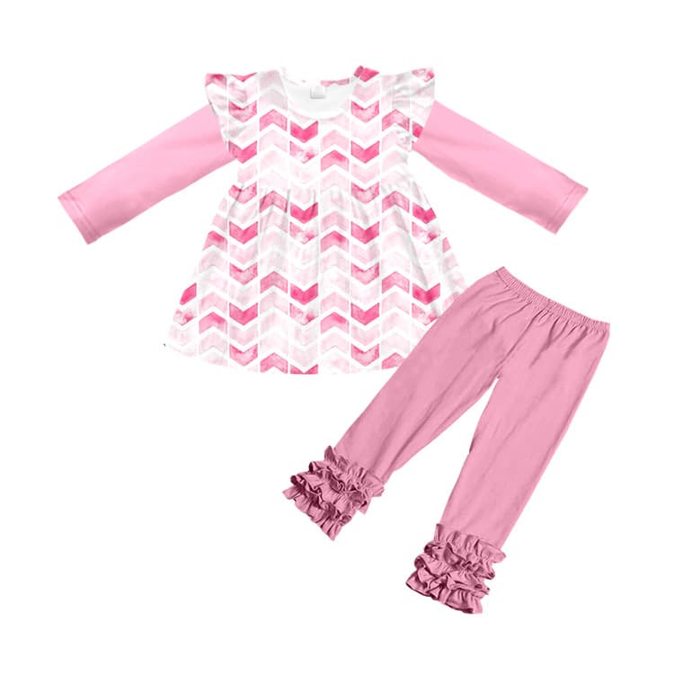 Cross-border wholesale custom autumn girls' long print set with flutter sleeves + ruffle-trimmed pants