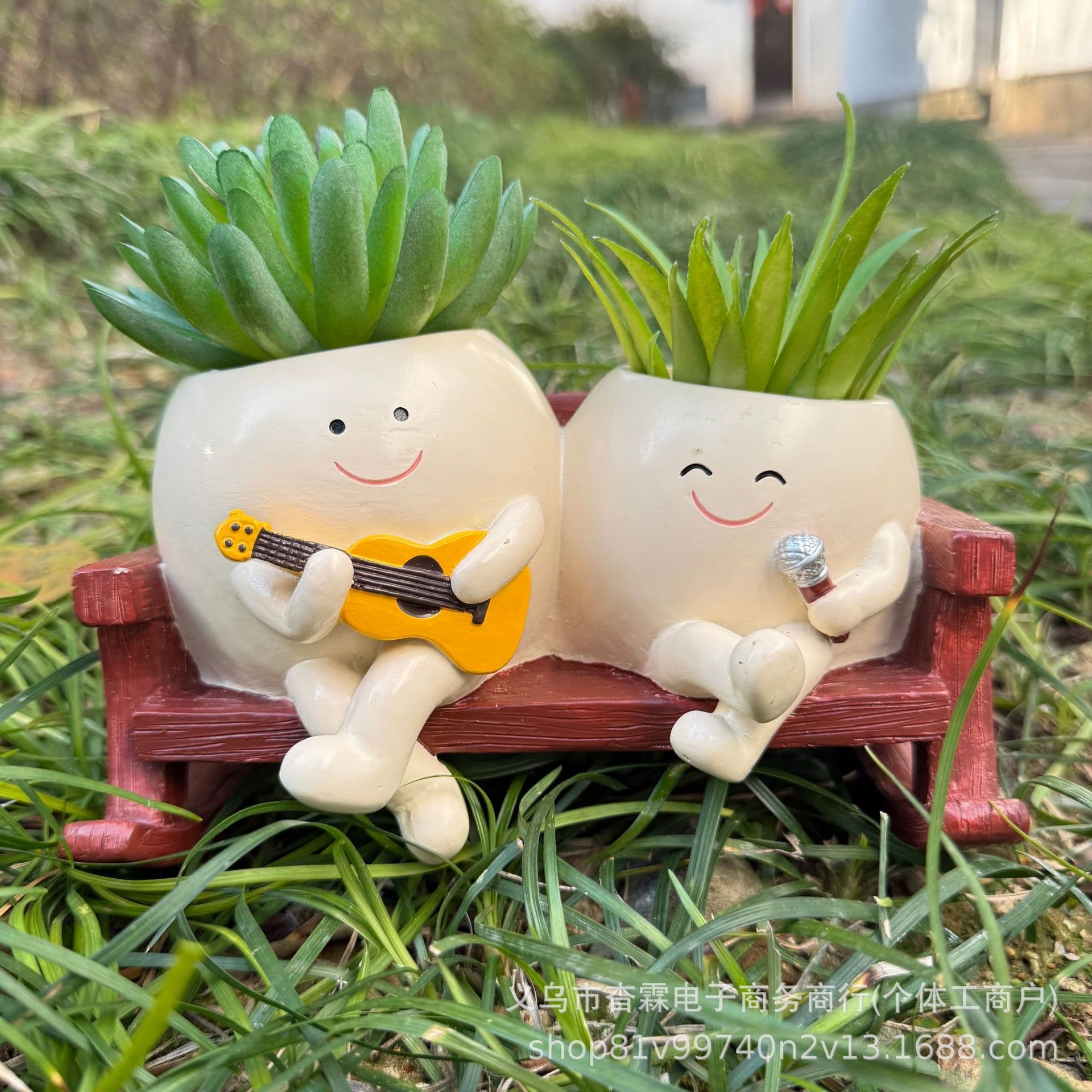 Cross-border Creative New Home Office Succulent Pot Cute Rocking Chair Round Face Playing Piano Sitting Double Flower Pot Plant