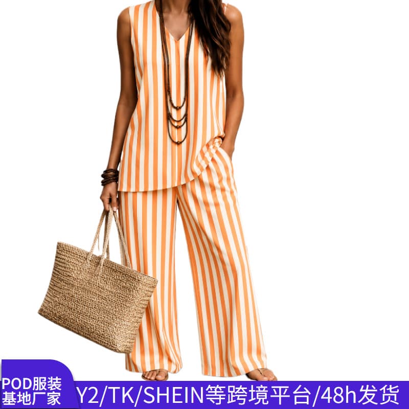 European and American cross-border V-neck sleeveless top striped wide-leg pants suit holiday style two-piece set large size