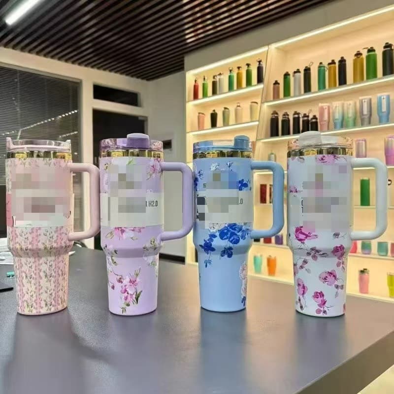 Cross-Border Amazon Custom Same Style Flower Model 2nd Generation 40 30 20 oz Insulated Ice Cup Stylish Car Cup