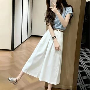 Summer Elegant and Modest Two-Piece Set Women's Blue Short Sleeve T-Shirt and A-Line Skirt Slim Fit