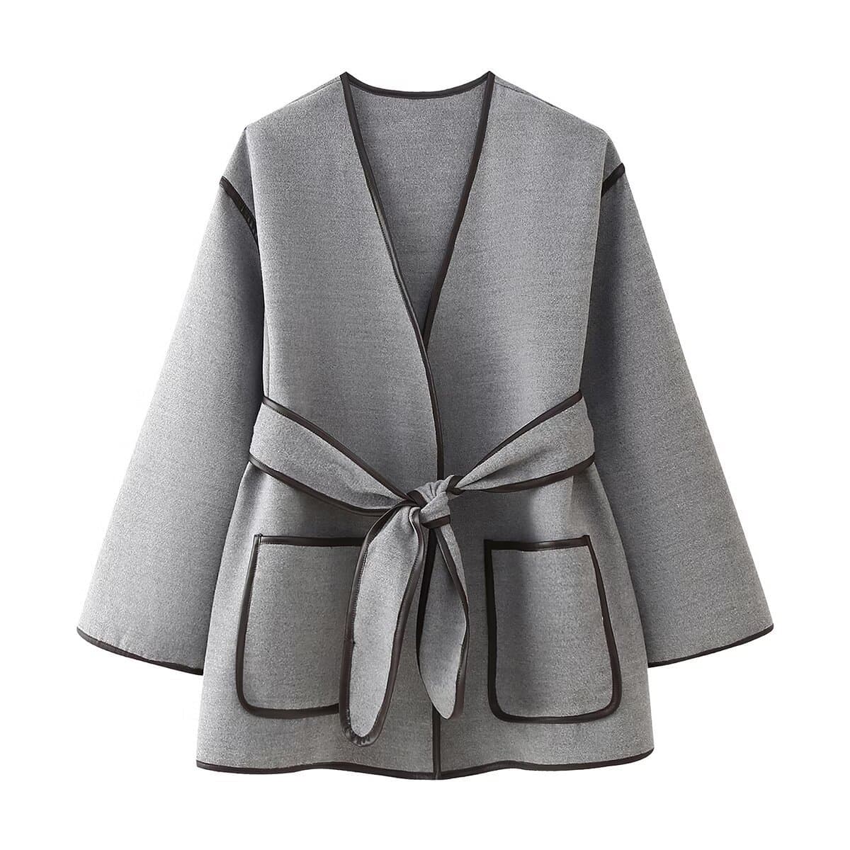 TAOP&ZA Women's Autumn New Contrast Color Retro Elegant Trim Double-Faced Wool Coat with Unique Tie Belt