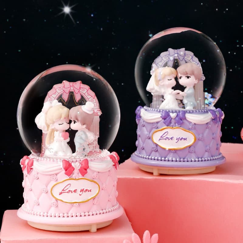 Creative Cartoon Couple Doll Music Box Crystal Ball Luminous Music Box Ornament Chinese Valentine's Day Gift Valentine's Day Gift