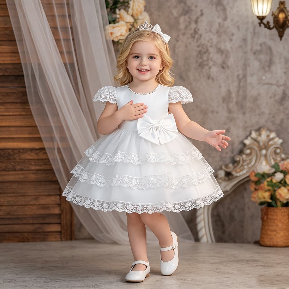 New cross-border children's dress with flying sleeves, lace, cake princess dress, festive tutu skirt, one-year-old christening dress