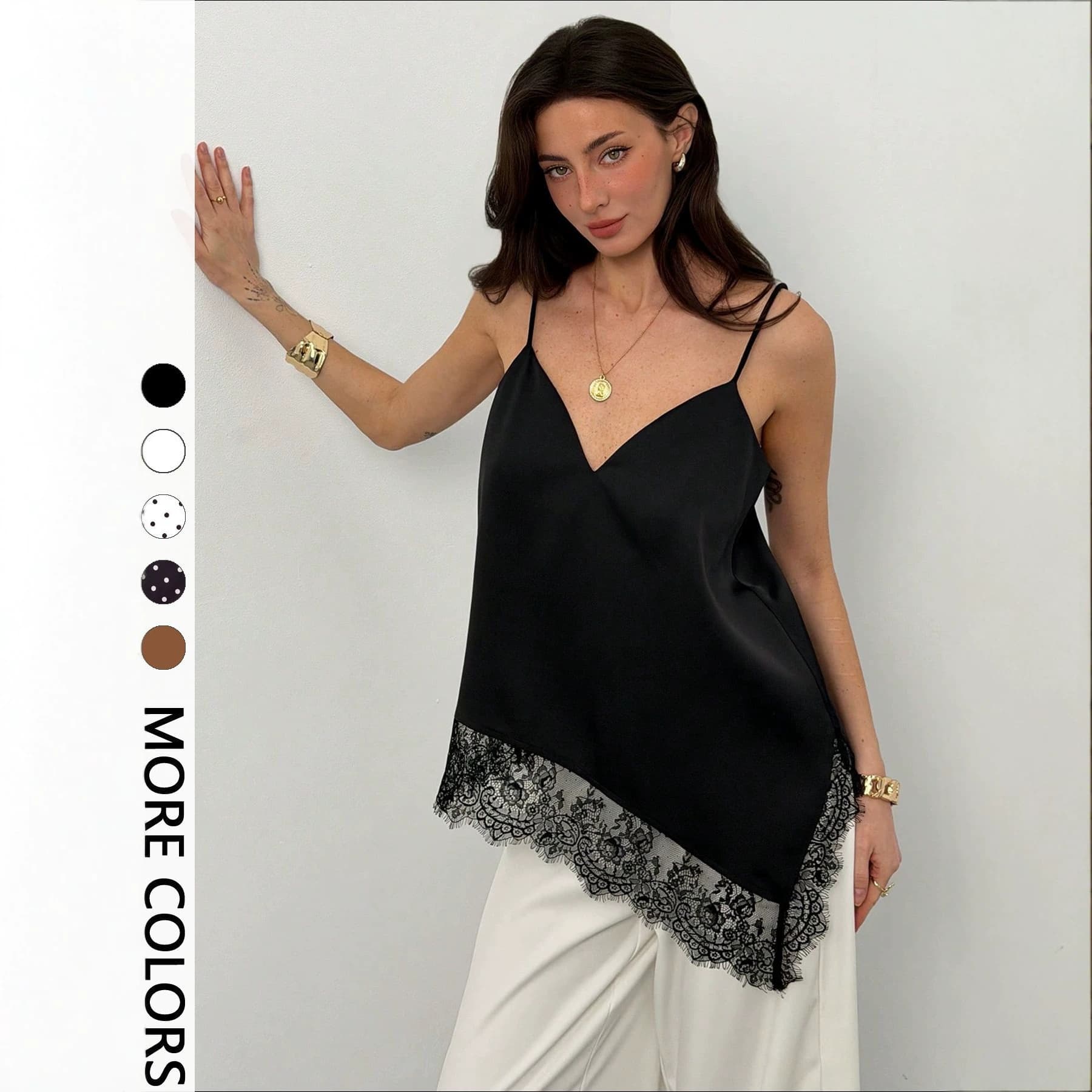 2026 New V-Neck Irregular Lace Trim Patchwork Loose Camisole Top for Amazon Cross-Border Sales in Europe and America