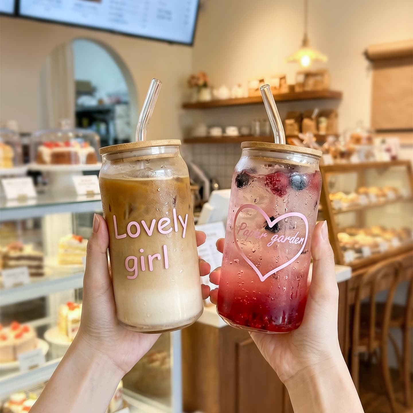 Cola Cup with Straw Glass Water Cup Home Creative Tin Can Style Trendy Commercial Letter Cola Straw Cup Bamboo Lid